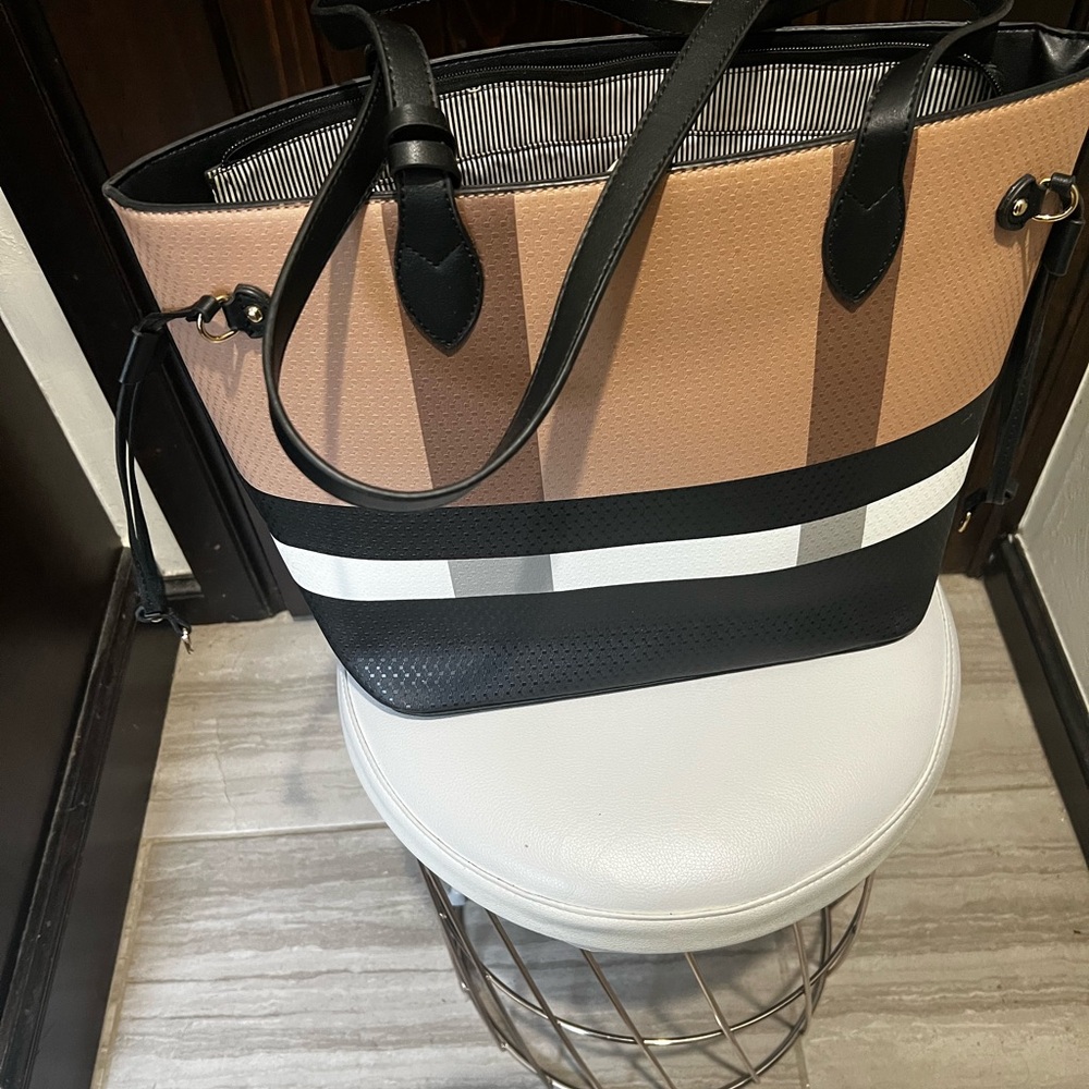 Sleek Tan and Black Color Block Tote Bag